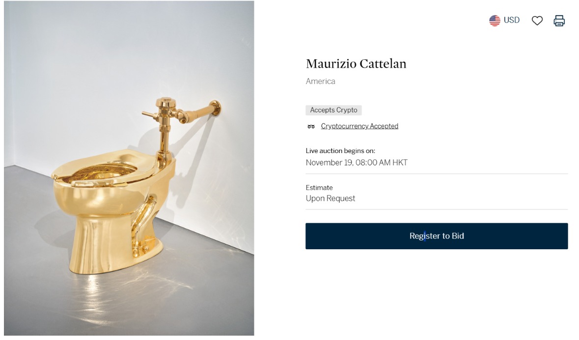 名为“美国”的黄金马桶再现江湖 起拍价近1000万美元